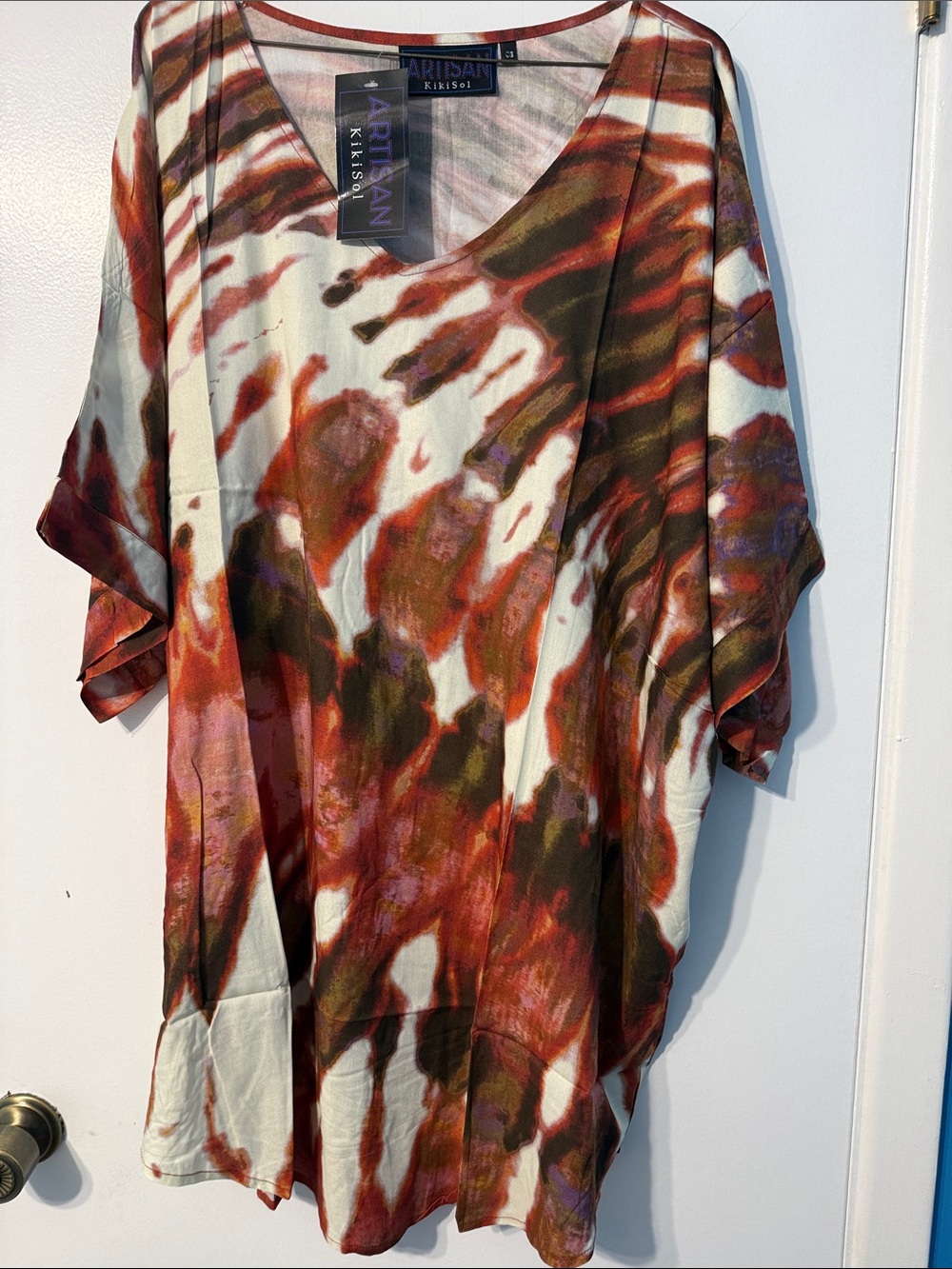 KikiSol OS  Relaxed V-Neck Tunic in Red & Brown Abstract Print Tye Died